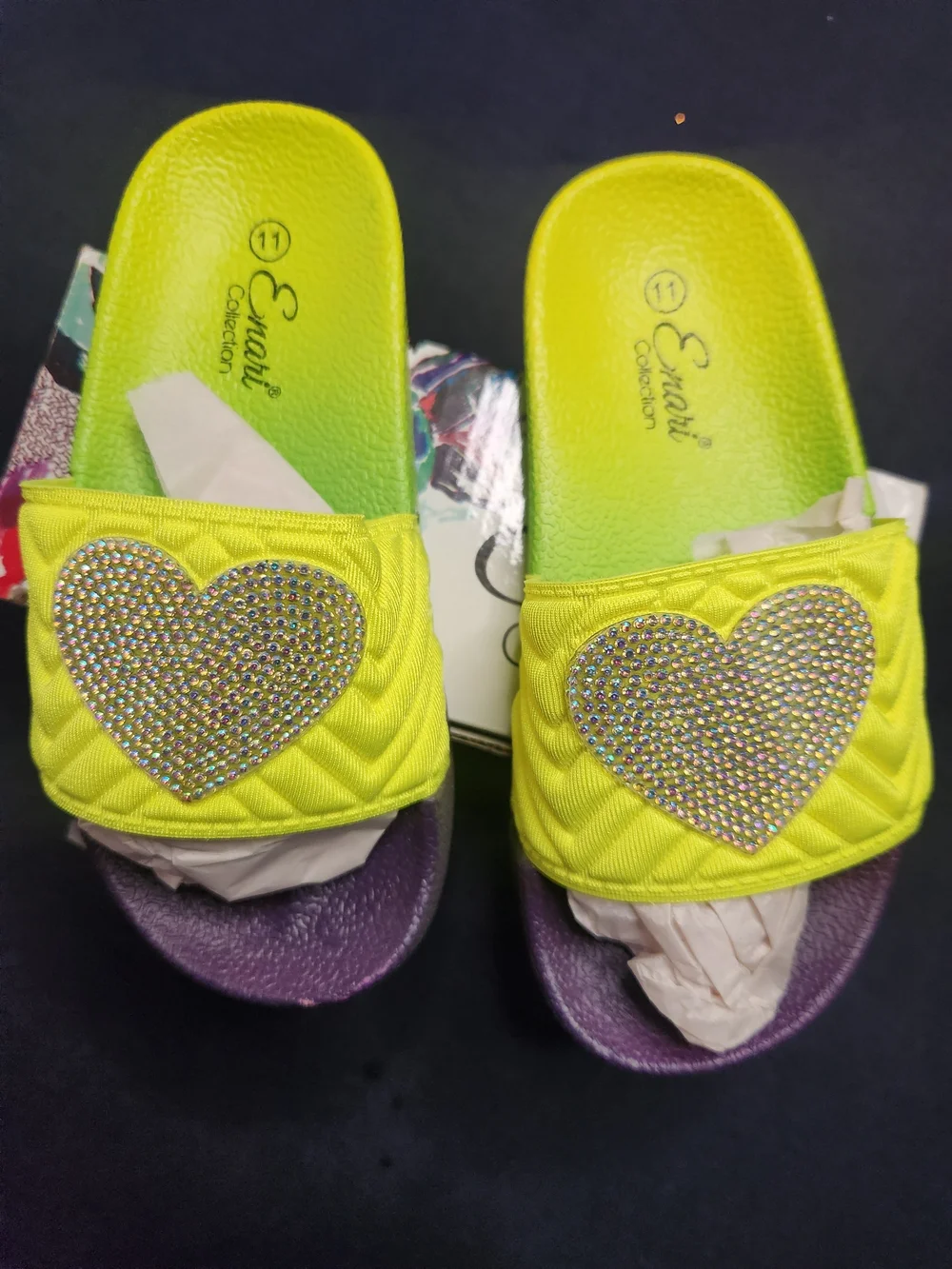 Enari Collection Girls' Lime Green/Purple Heart Slide Sandals, Various Sizes,NIB